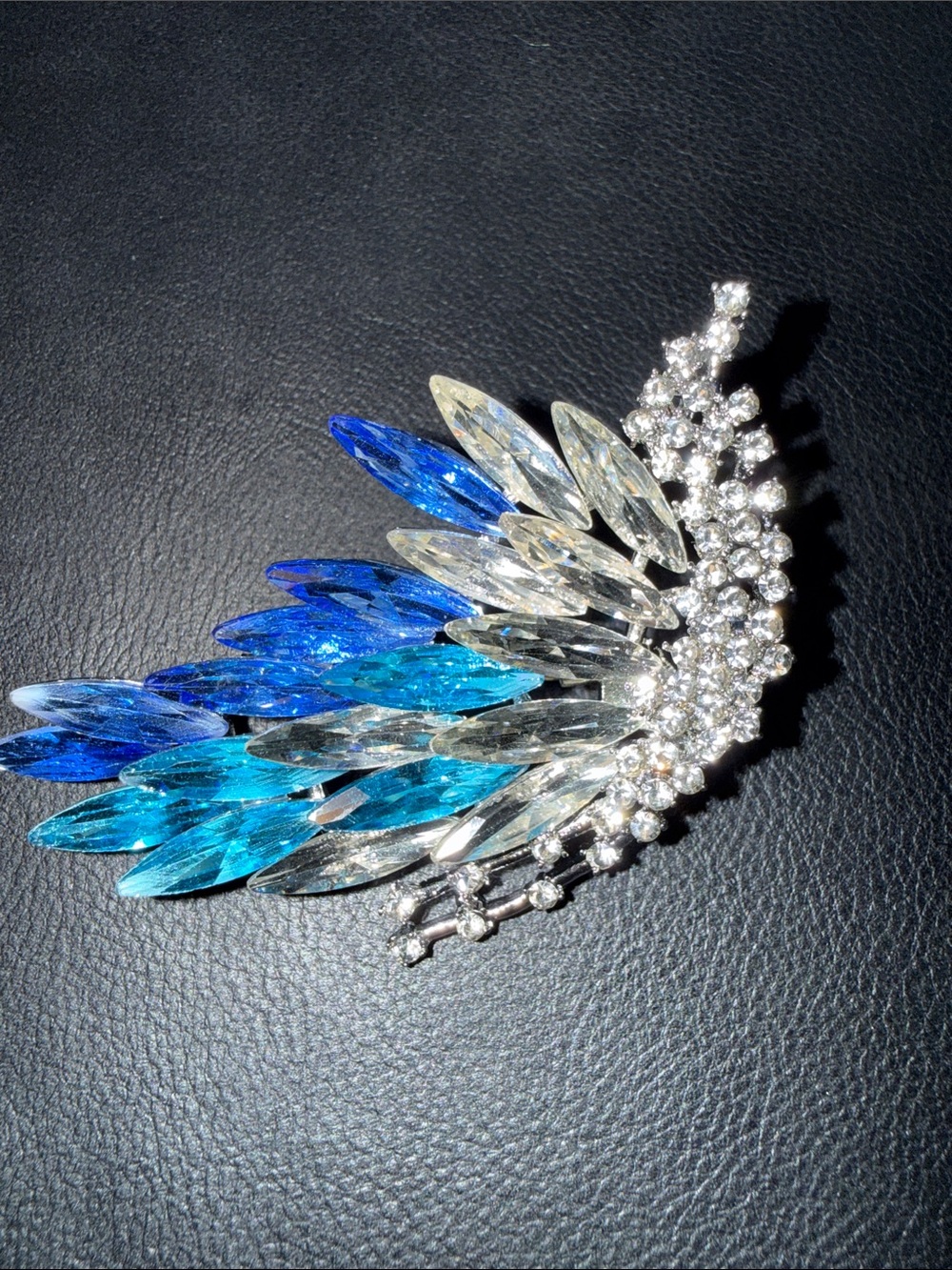 Blue Crystal Wing Brooch with Clear Rhinestones - Women Jewelry